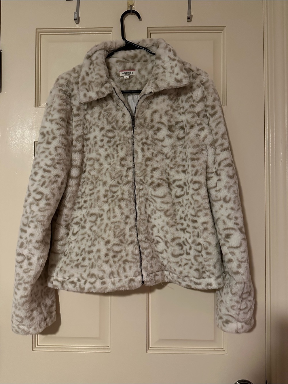 Andree Cream and Taupe Leopard-Print Faux Fur Zip Jacket